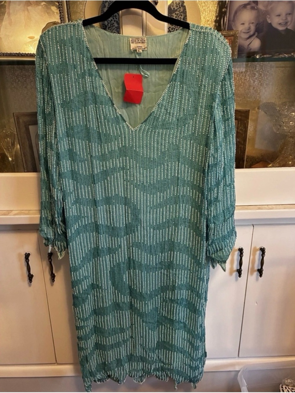 Beaded Aqua V-Neck Shift Dress Formal 1990s